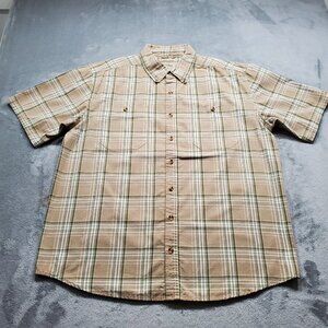C.E. Schmidt Workear Short Sleeve Plaid Shirt 2 Pckts Green Beige White Men Sz L